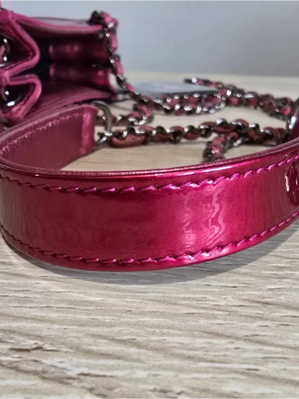 CHANEL Fuchsia Patent Leather CC Phone Crossbody with Chain Strap